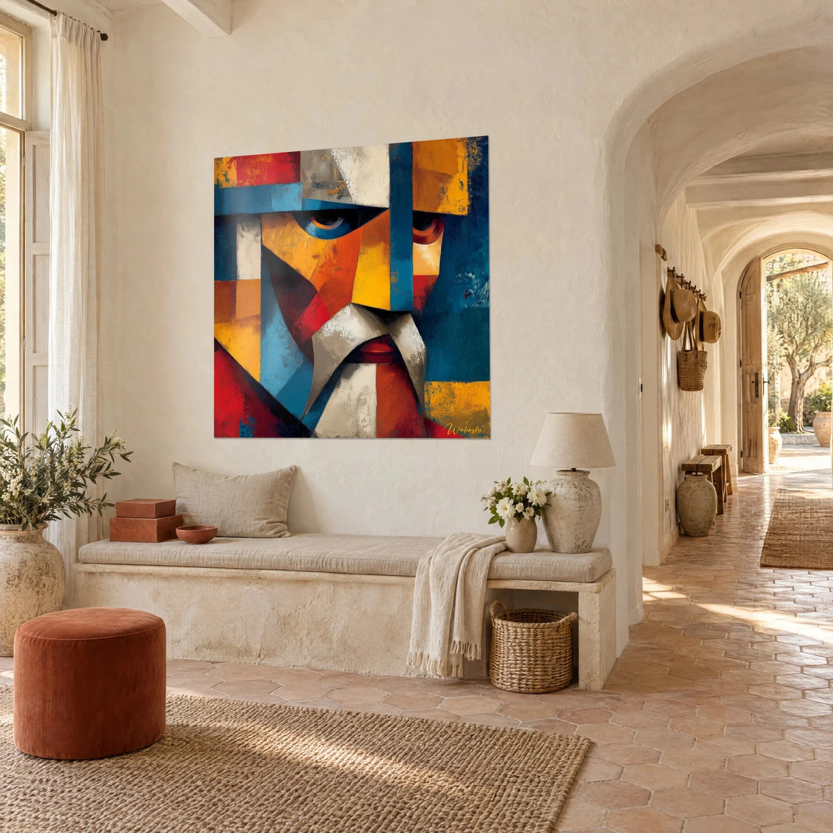Wall art geometric portrait in vermilion red and saffron yellow, faceted grey moustache, three-quarter view in a Provençal farmhouse