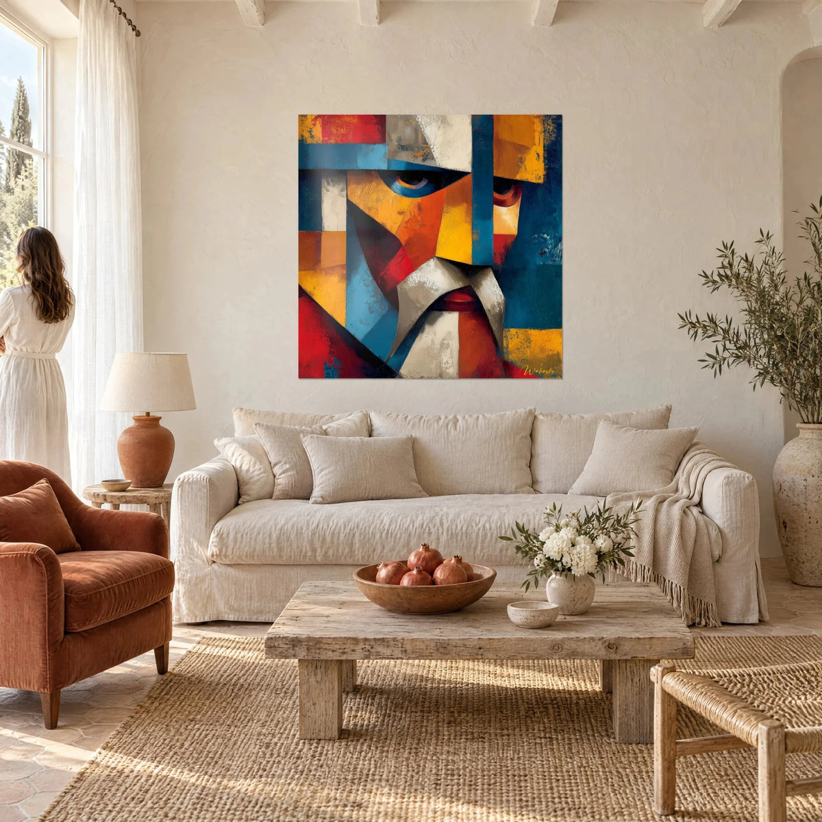 Wall art cubist face in ochre and petrol blue planes, dark eye rimmed with blue, hanging above a sofa in a bright living room