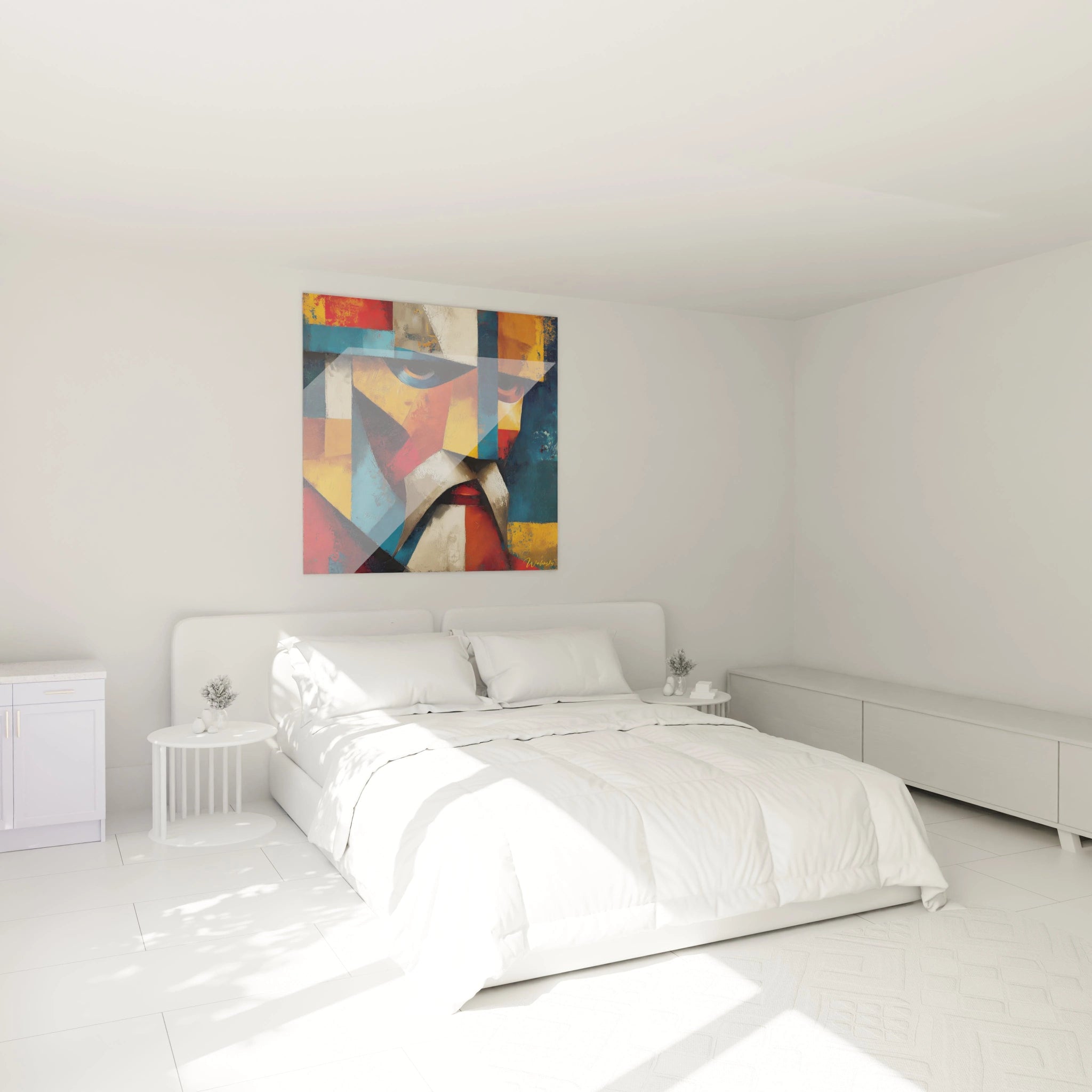 Walensky tableau visage abstrait cristaux coloré accroché au dessus du lit blanc minimaliste art mural géométrique