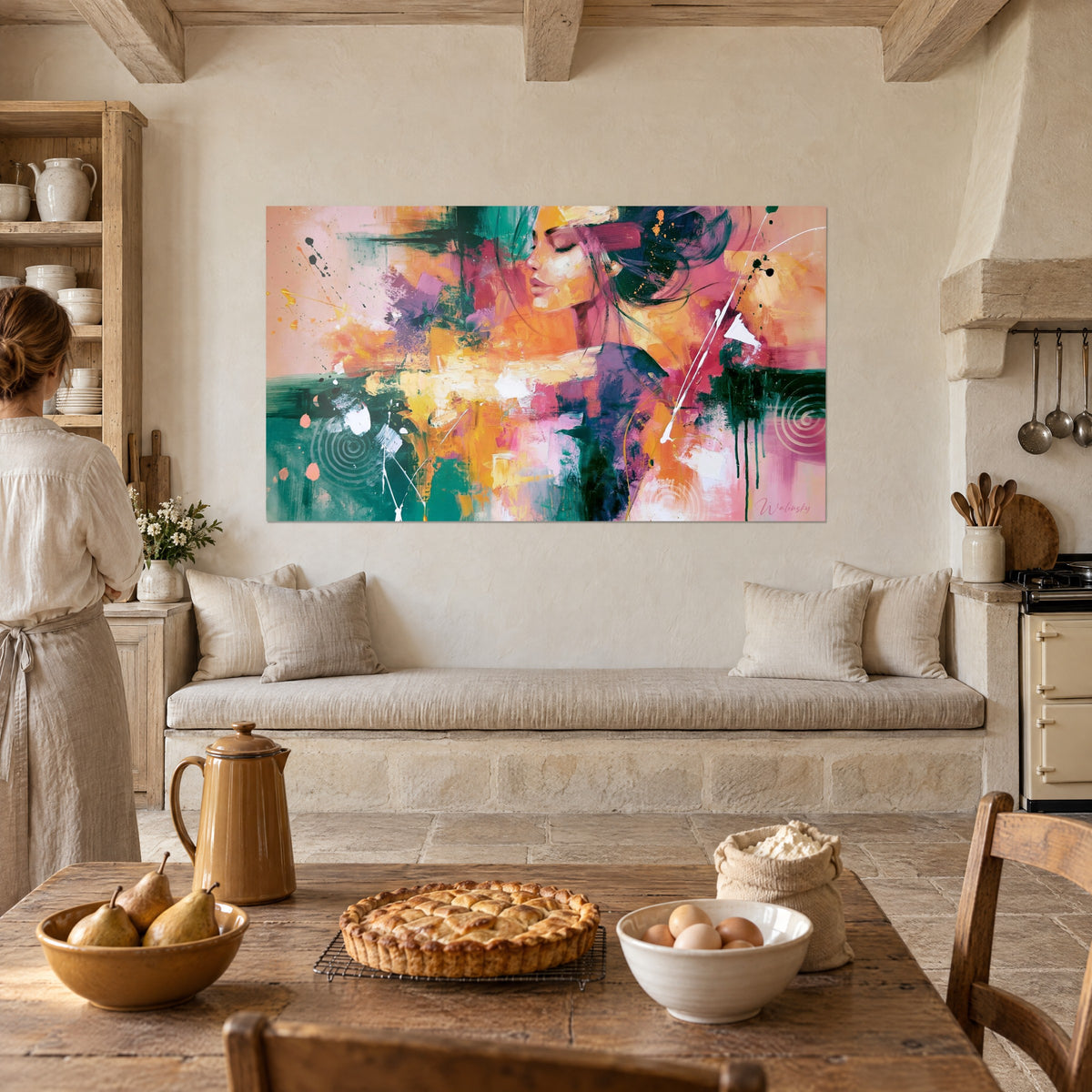 Wall art dreamy female figure, magenta and honey-yellow touches, concentric circles, rough plaster wall of a rustic kitchen