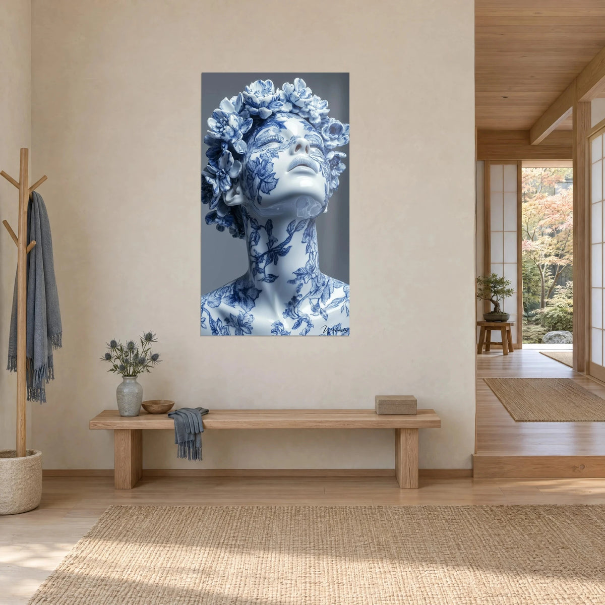 Wall art glazed female sculpture, crown of indigo peonies on grey background, nape adorned with vines, Japandi hallway