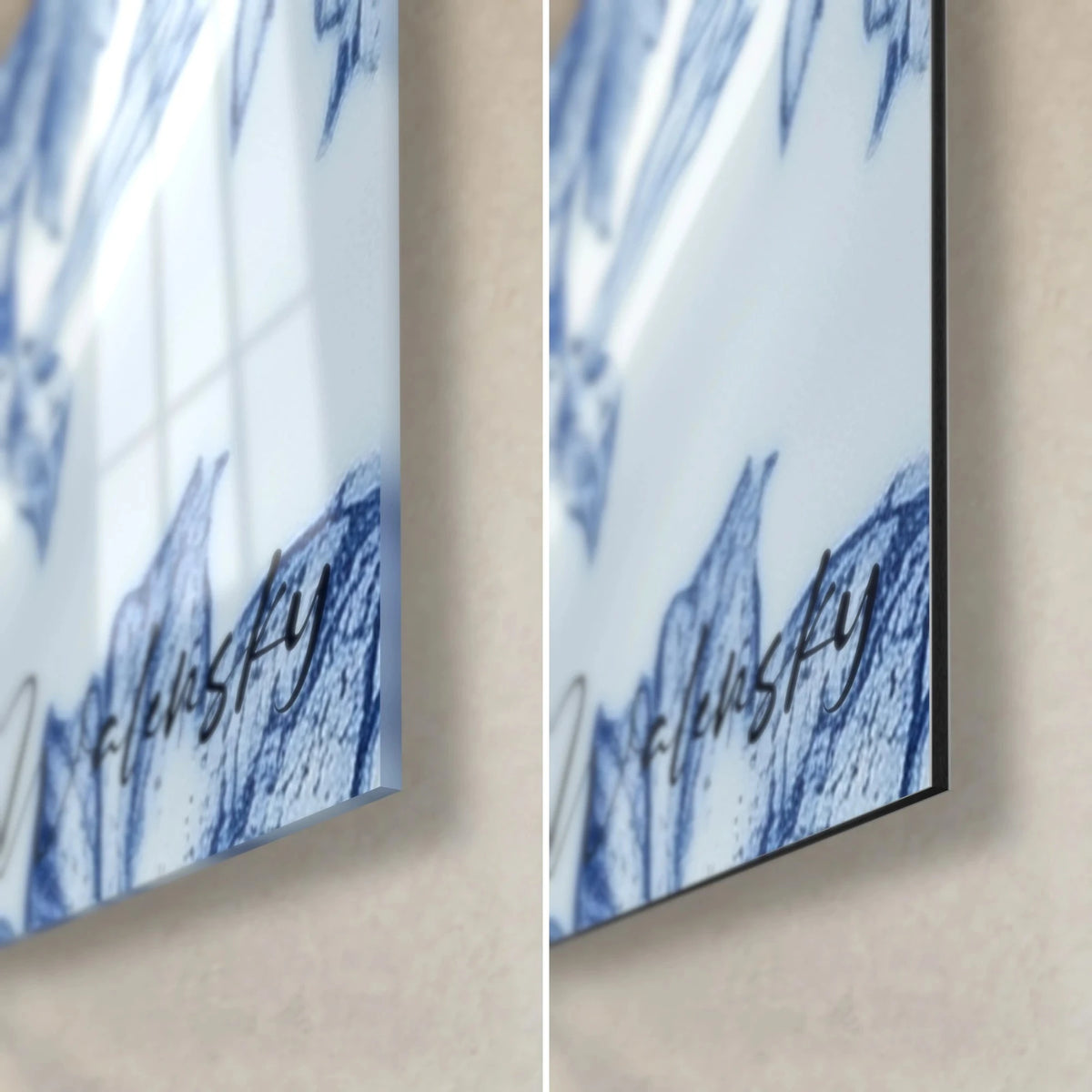 Wall art porcelain face with navy and white flowers, lower right corner: glossy glass on the left, matte Dibond on the right