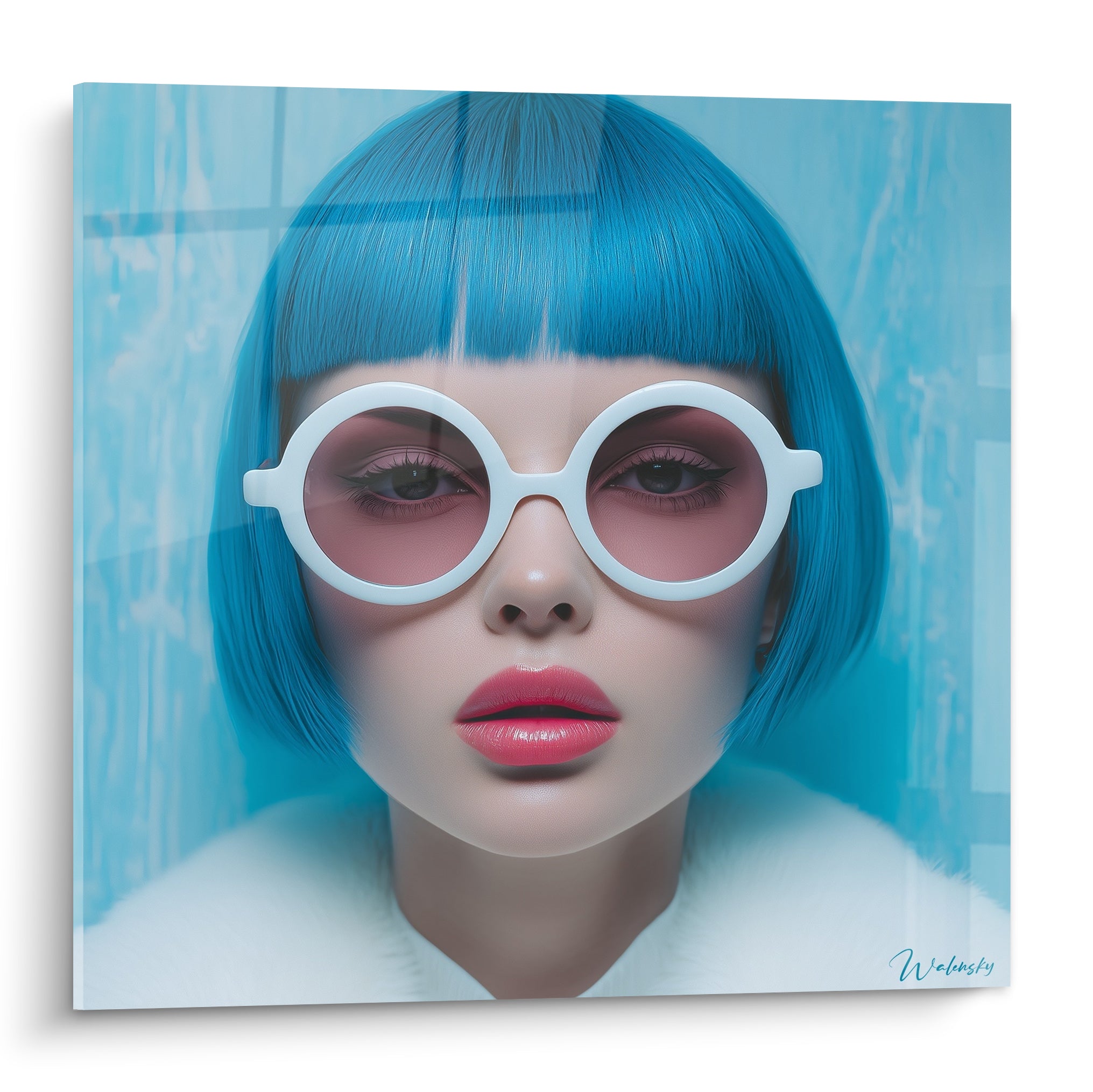 Visage de la mode au carré bleu ciel et lunettes rondes blanches à verres roses
