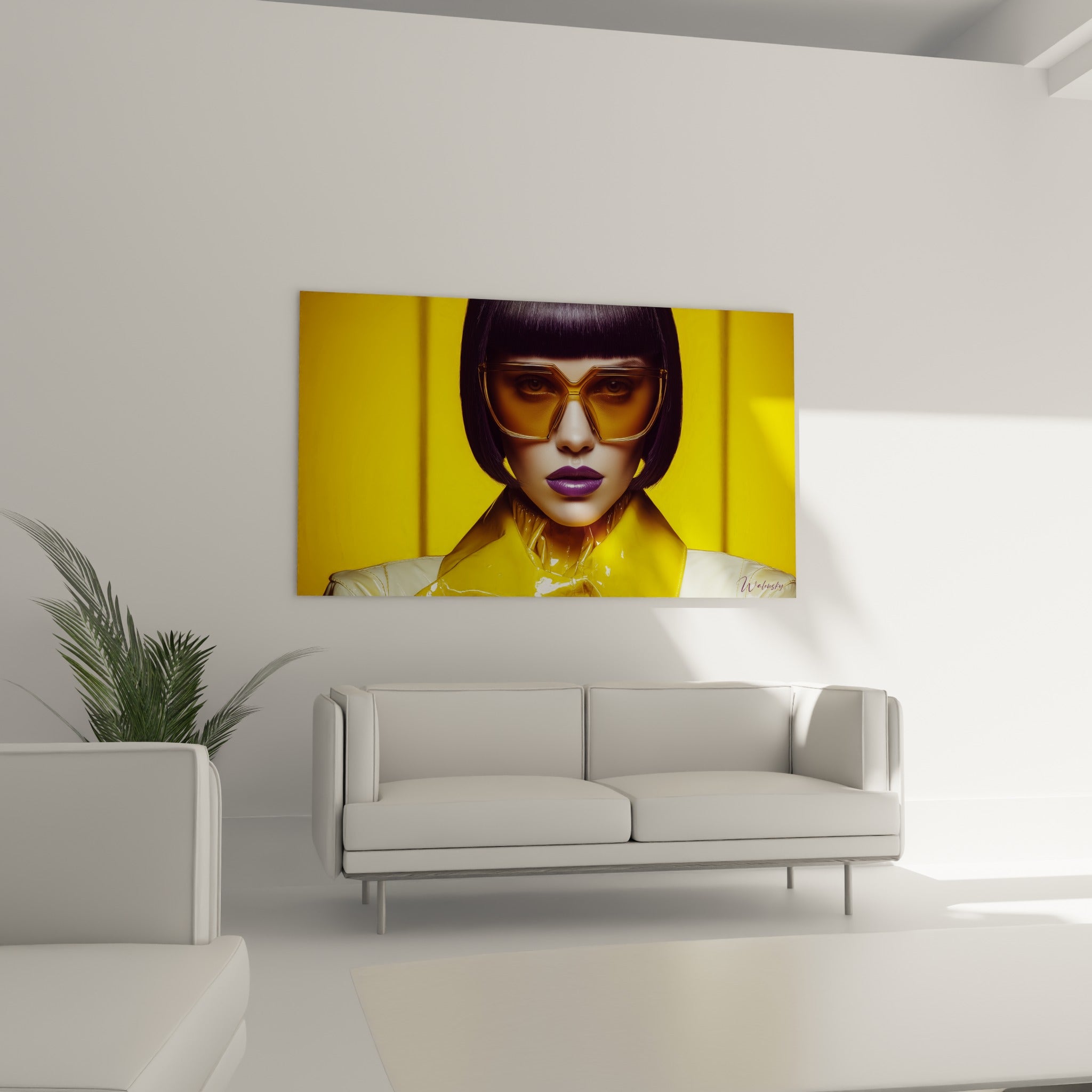 Femme au carré noir et lunettes oranges, positionnée au-dessus d'un canapé dans un salon lumineux