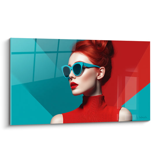 Tableau Femme rousse aux lunettes turquoise et col montant rouge - Chignon flamboyant - Edition Visage de la mode