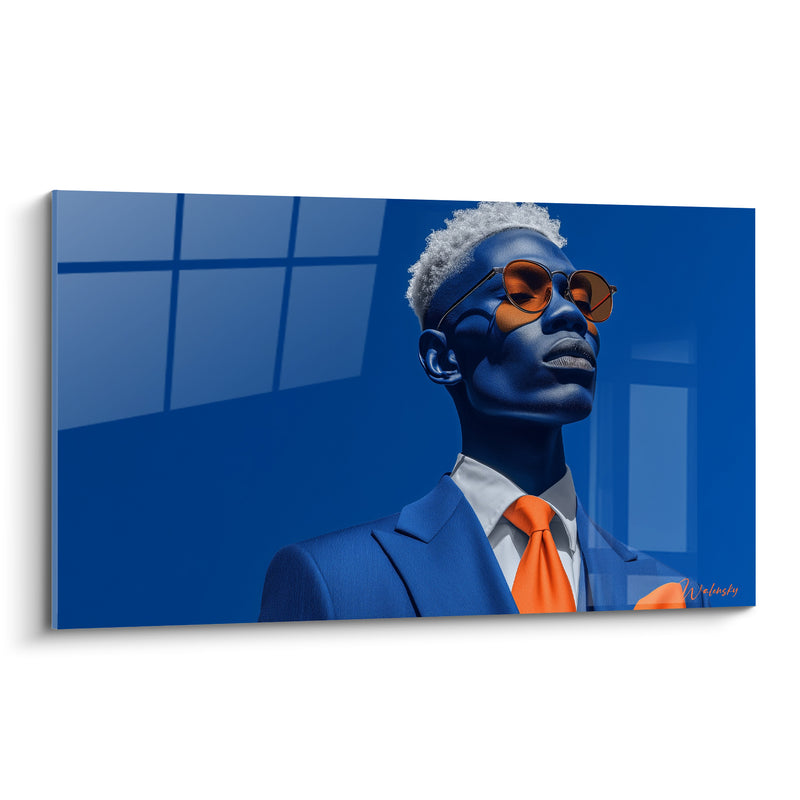 Tableau Homme bleu au costume et cravate orange - Assurance monochrome - Edition Visage de la mode