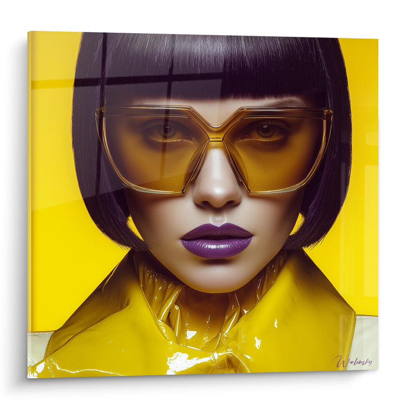 Tableau Portrait femme lunettes jaunes et lèvres violettes - Regard électrique - Edition Visage de la mode