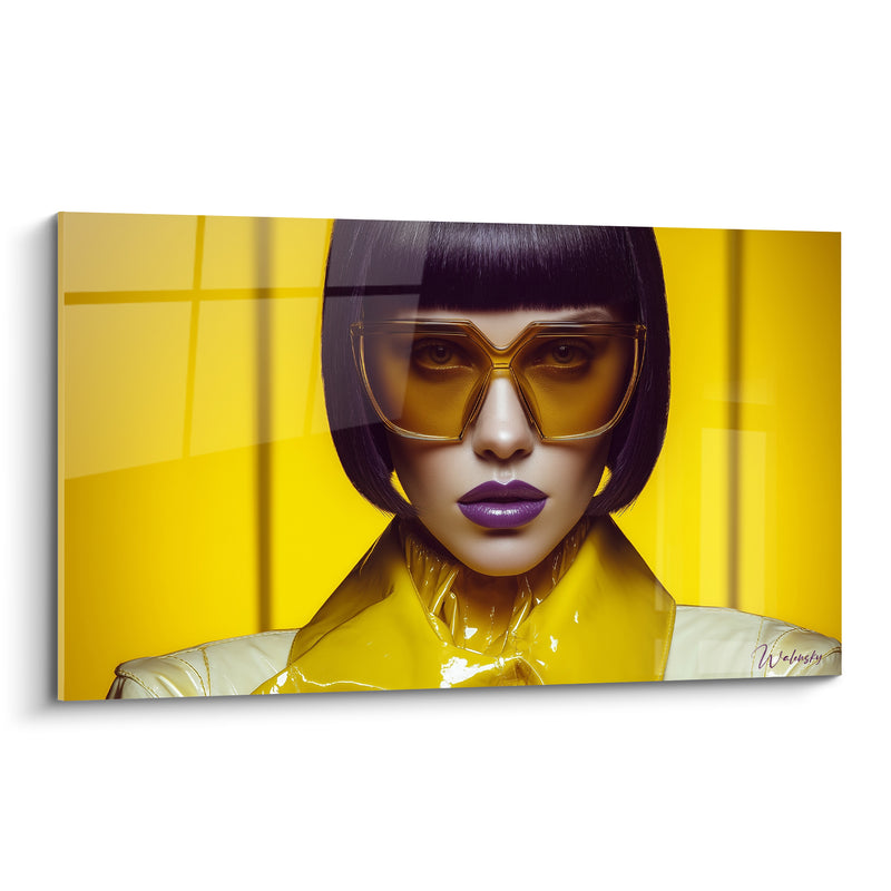 Tableau Femme jaune et violet aux lunettes futuristes - Regard filtré - Edition Visage de la mode