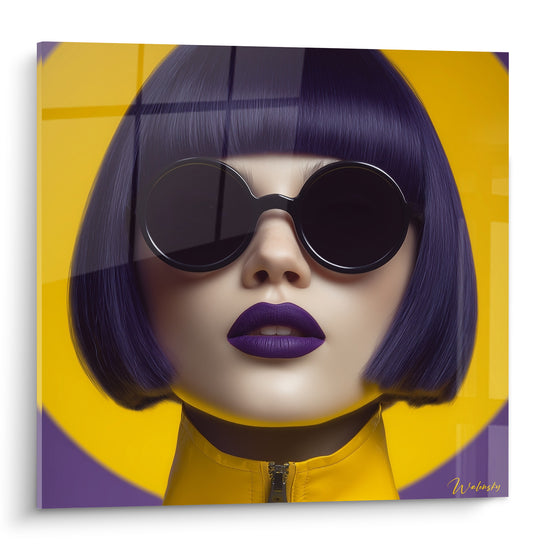 Tableau Femme lunettes rondes jaune violet éclatant - Attitude électrique - Edition Visage de la mode