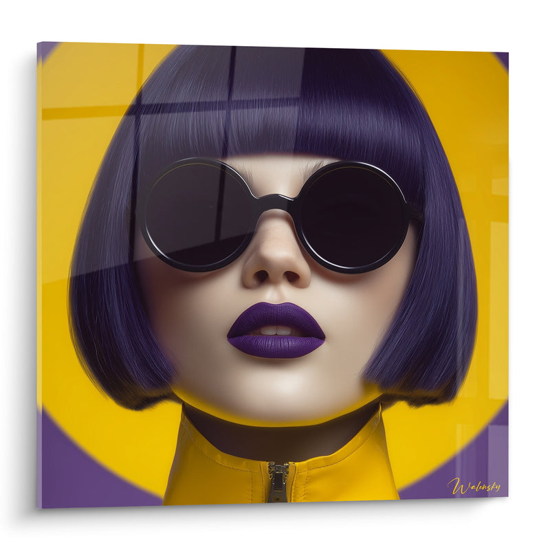 Tableau Femme lunettes rondes jaune violet éclatant - Attitude électrique - Edition Visage de la mode