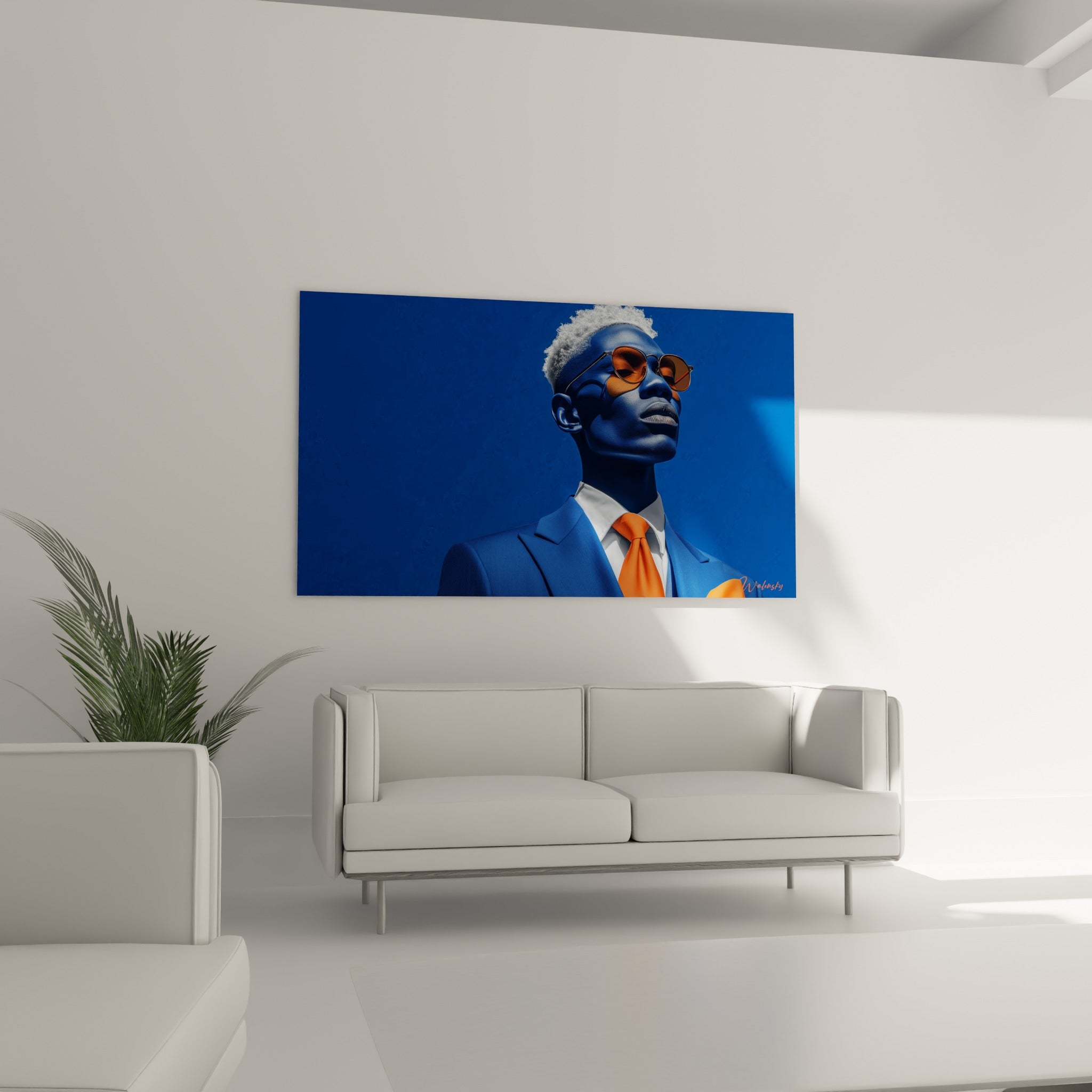 Personnage Visage de la mode teinté de bleu profond et orange vif au-dessus d'un canapé dans un salon lumineux