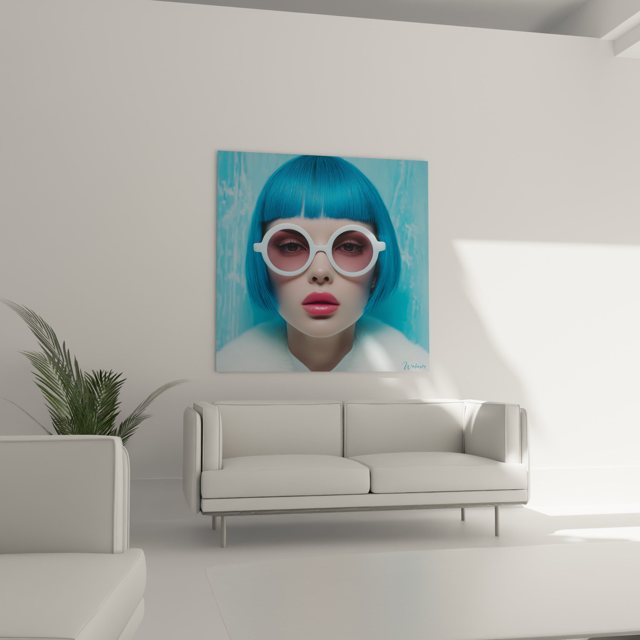 Regard filtré du Visage de la mode aux teintes bleues au-dessus d'un canapé dans un salon lumineux