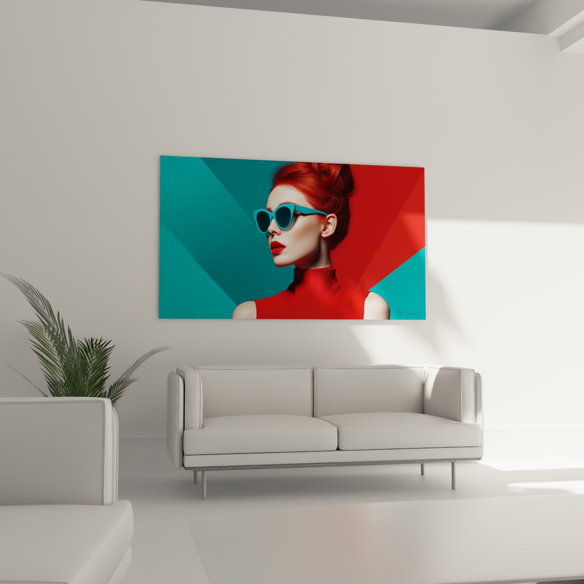 Silhouette rousse aux lèvres rouges et lunettes turquoise placée au-dessus d'un canapé dans un salon lumineux