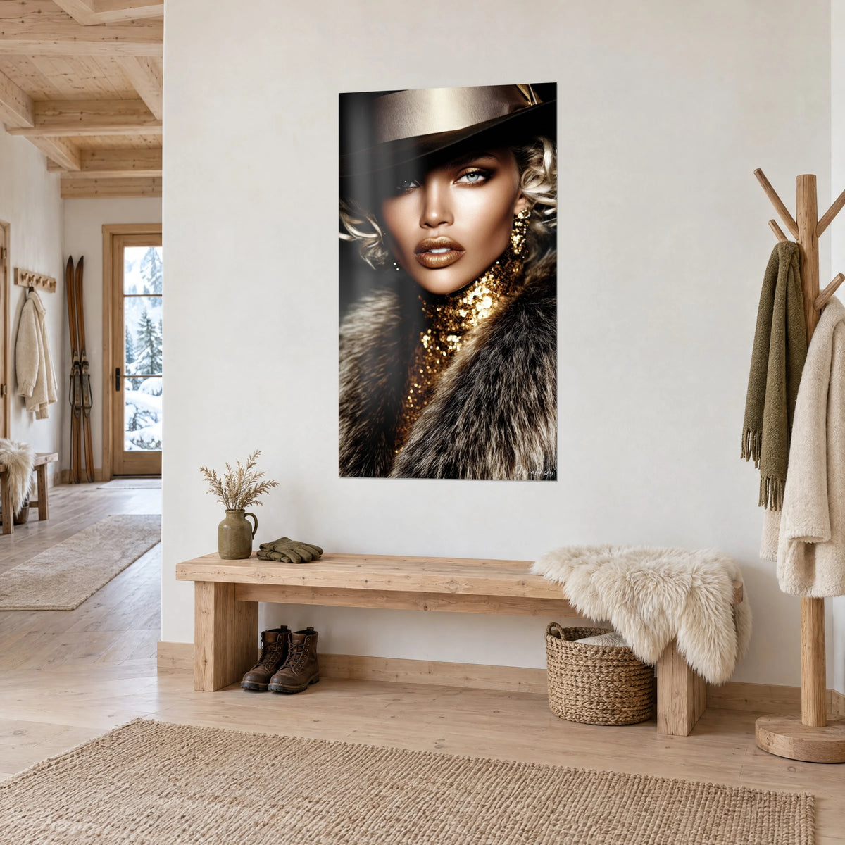 Schilderij model met blonde krullen, koperkleurige lippen en beige bontkraag, driekwartaanzicht in een houten chalet