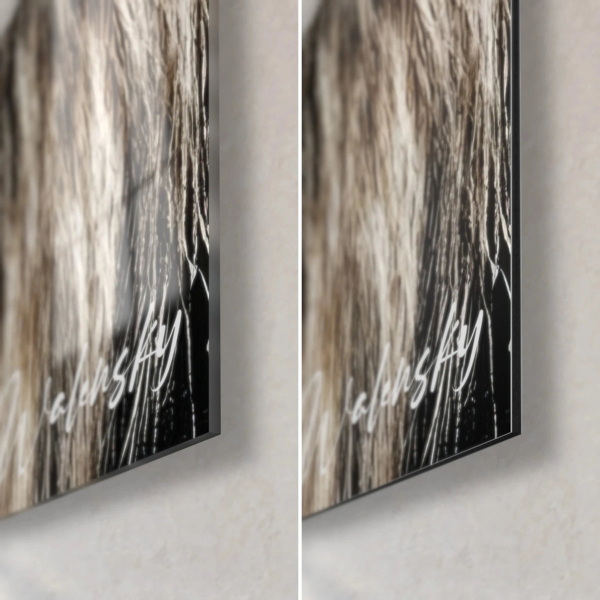 Gemälde Frau im Pelz, untere rechte Ecke: glänzendes Acrylglas links, mattes schwarzes und beiges Dibond rechts, 3 mm Kante