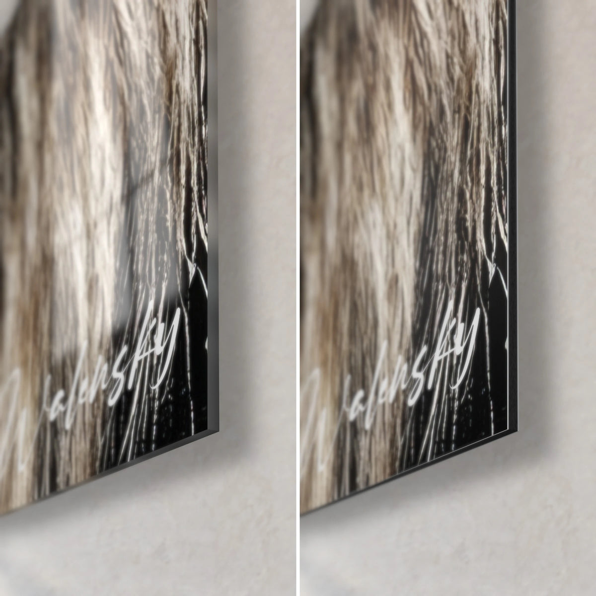 Schilderij vrouw in bont, rechtsonder: glanzend acrylglas links, mat zwart en beige Dibond rechts, rand van 3 mm