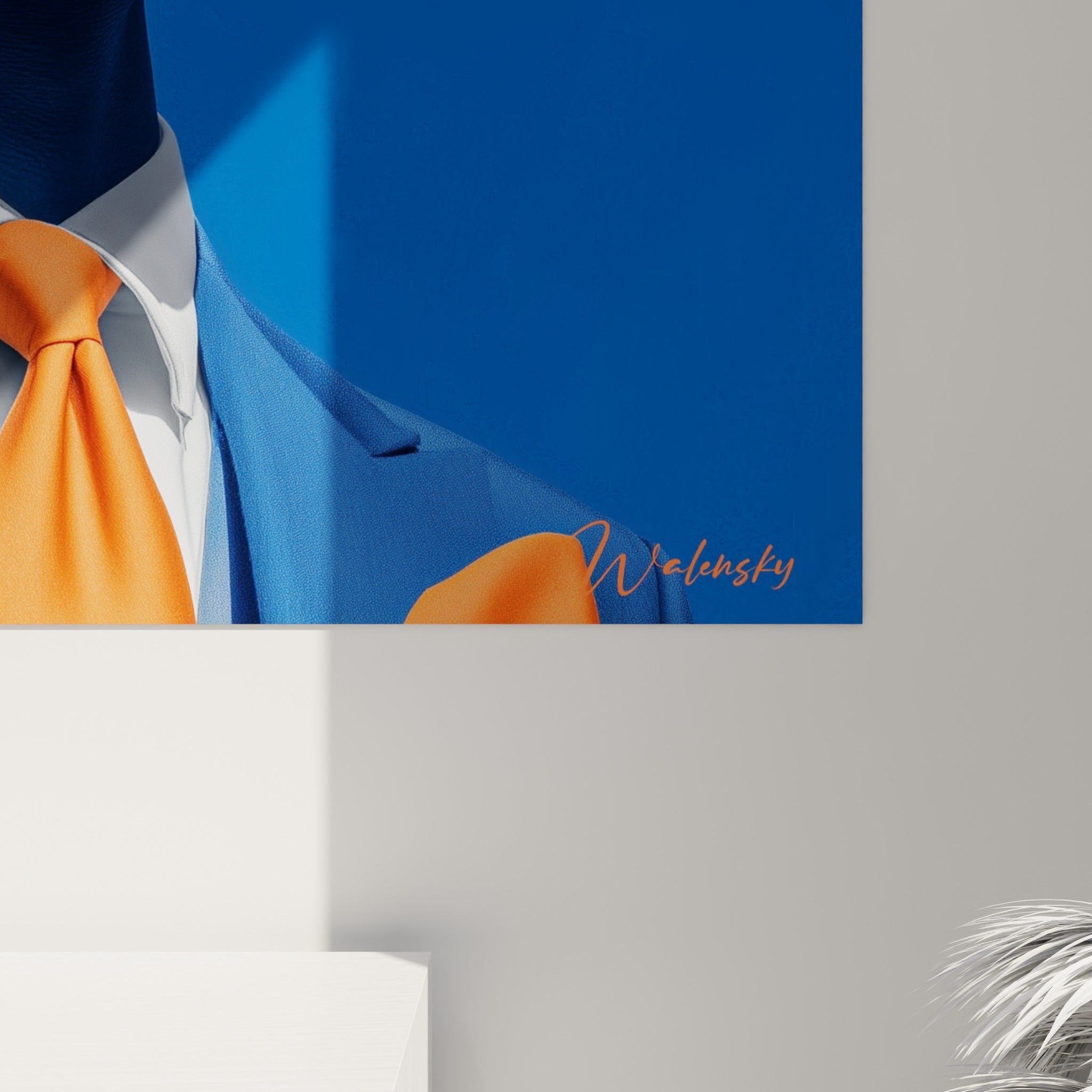 Grain de peau bleuté et coulures orange vif visibles de près sur ce tableau Visage de la mode