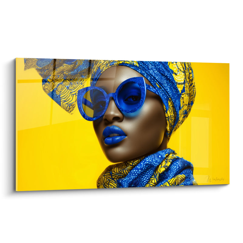 Tableau Femme turban jaune et bleu lunettes rondes - Éclat électrique - Edition Visage de la mode