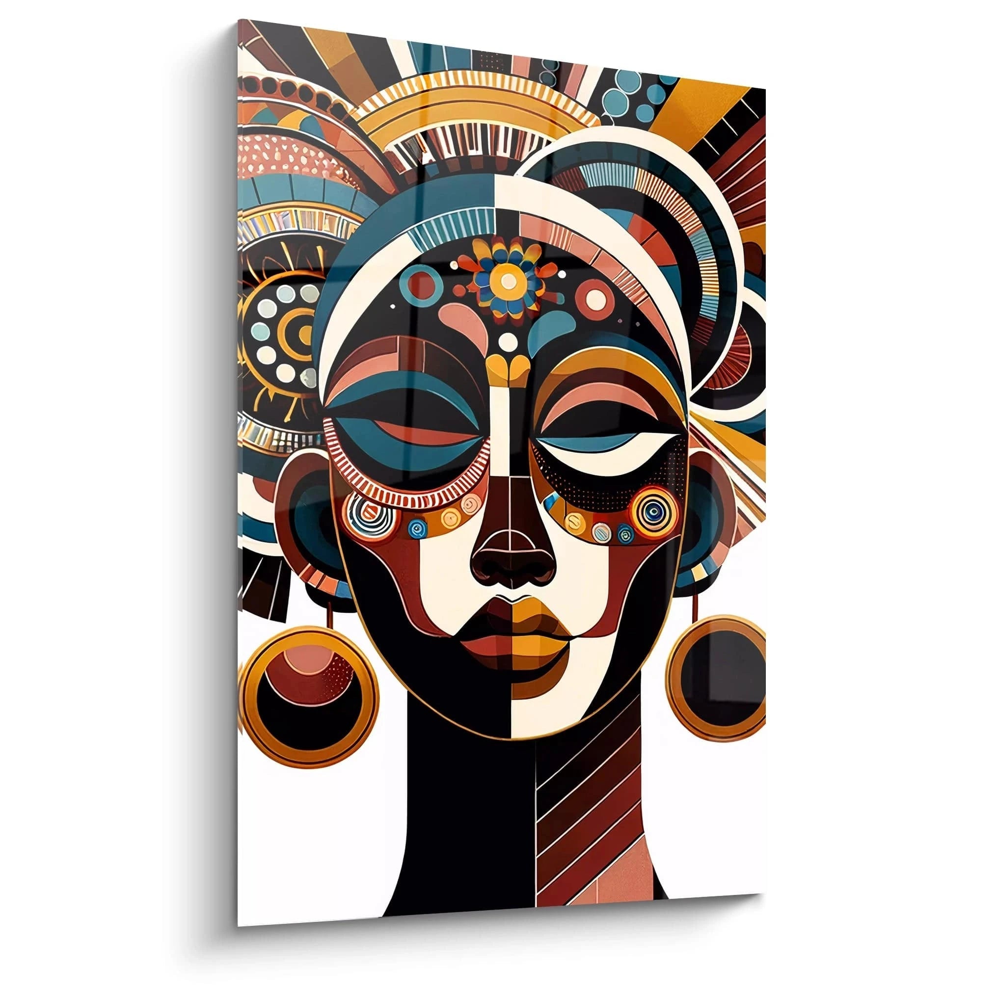  Vue de biais du tableau Le tableau africain présente un visage tribal stylisé, fait de lignes géométriques et de motifs vibrants. Le bronze, le bleu marine et l'orange créent une composition vivante et profonde.