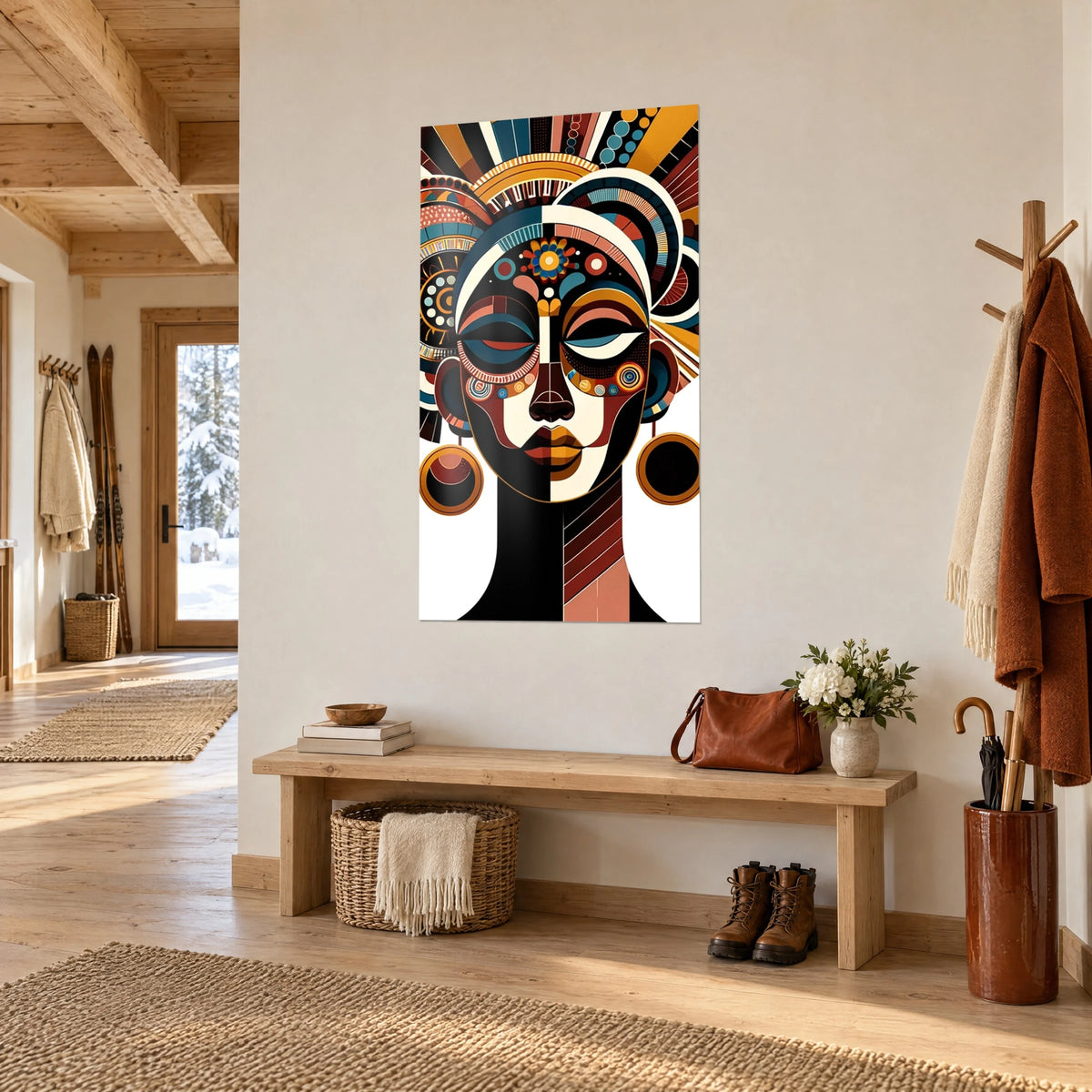 Schilderij geometrisch portret met gesloten ogen, waaiervormige hoofdtooi in oker en terracotta, houten bank in de hal van een chalet