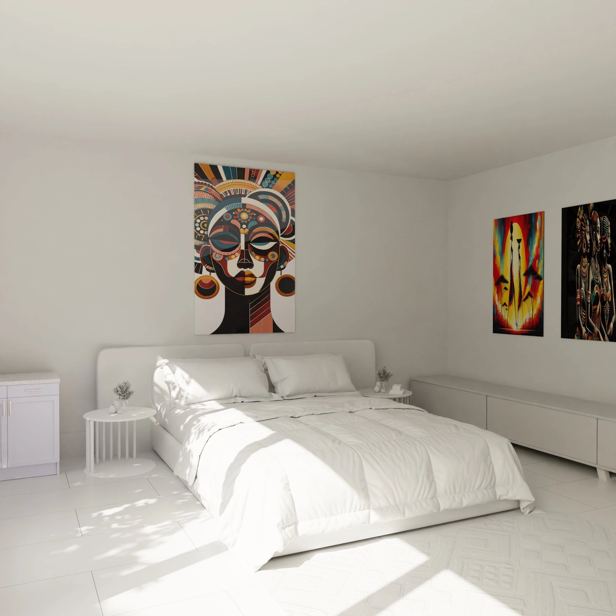 Tableau dans une chambre Accroché au-dessus du lit, ce tableau africain habille la chambre avec ses teintes chaudes et profondes. L'énergie du bleu, du bronze et de l'orange inspire sérénité et réflexion.