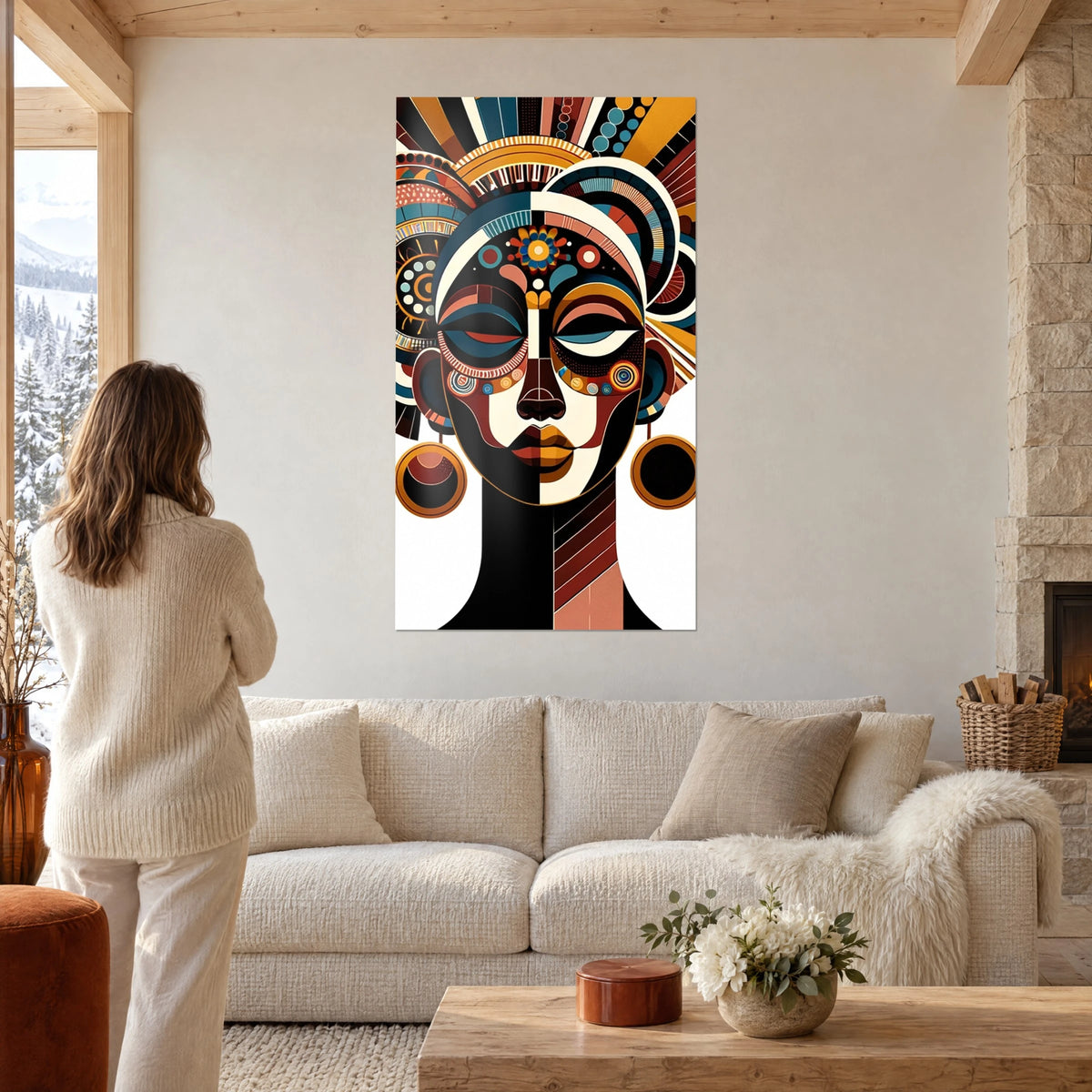 Schilderij gestileerd Afrikaans masker in oker, eendenblauw en zwart, twee personen van achteren boven een bank in een lichte woonkamer