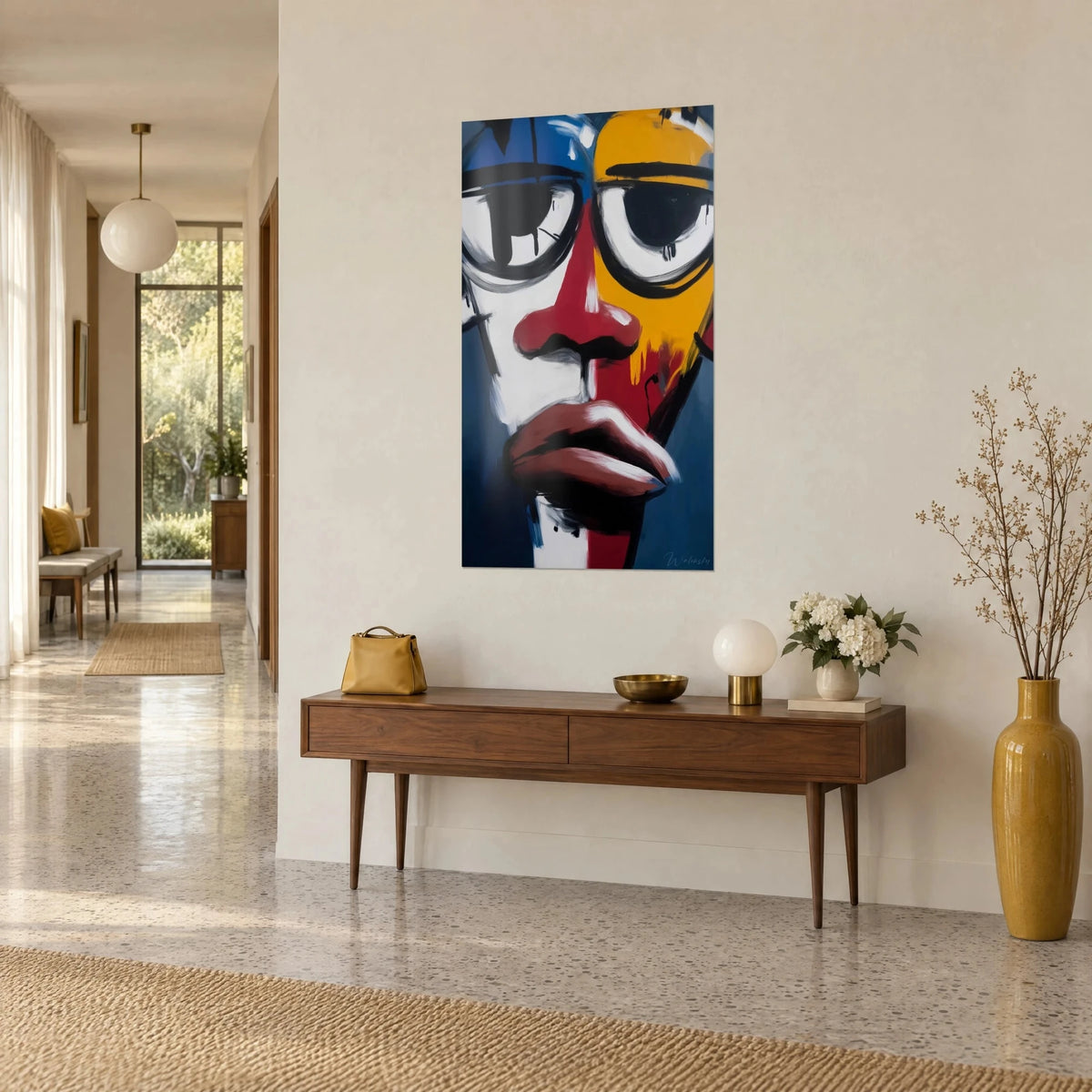 Tableau portrait peint brut, grands yeux cerclés de noir, front bleu cobalt et lèvres brunes, sur un couloir, au-dessus d'une console en bois