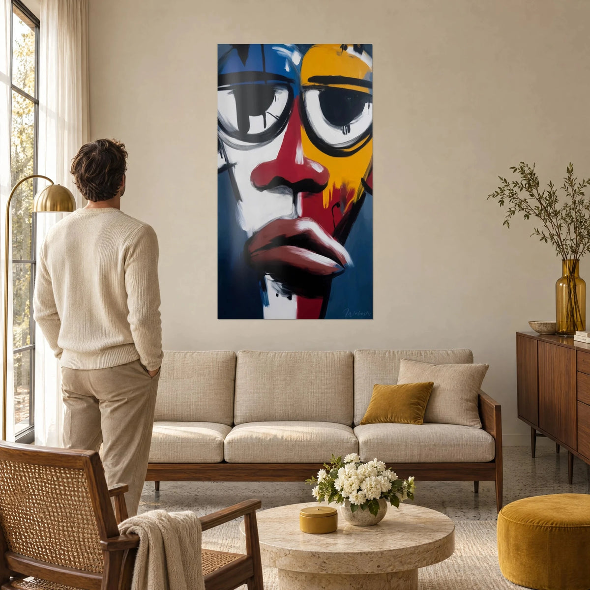 Tableau visage de masque aux lunettes rondes, nez rouge carmin et joue jaune moutarde, homme de dos, au-dessus d'un canapé dans un salon lumineux