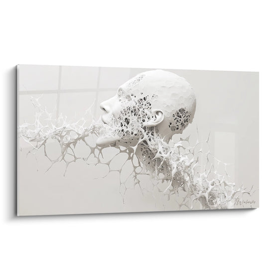 Tableau mural visage humain en désintégration cellulaire, art moderne ADN blanc et gris sur toile