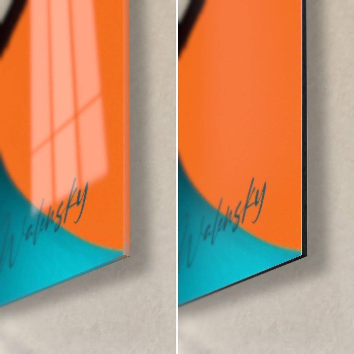 Tableau visage turquoise, coin bas droit : verre brillant à reflets, Dibond mat orange et tranche noire de 3 mm