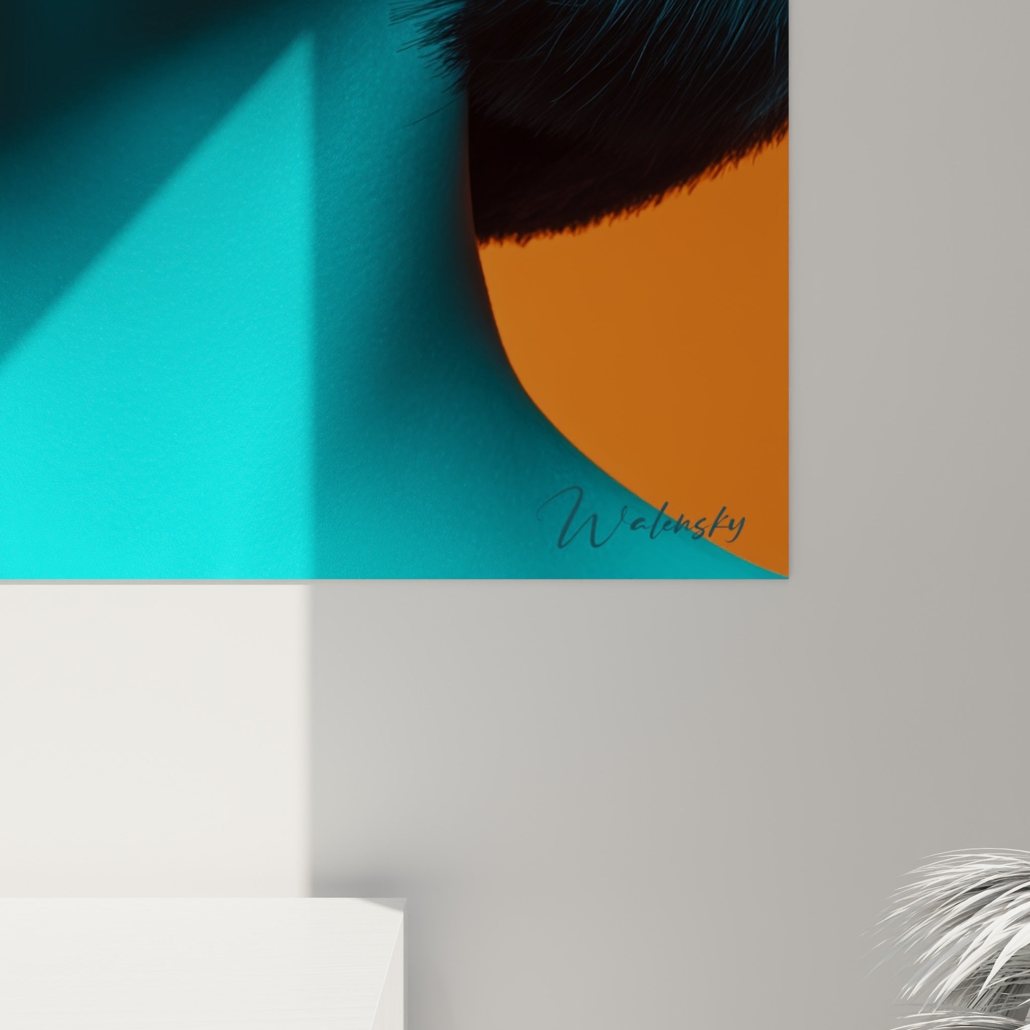 Détail du tableau visage turquoise montrant le grain de la peau bleutée et les reflets orangés des verres