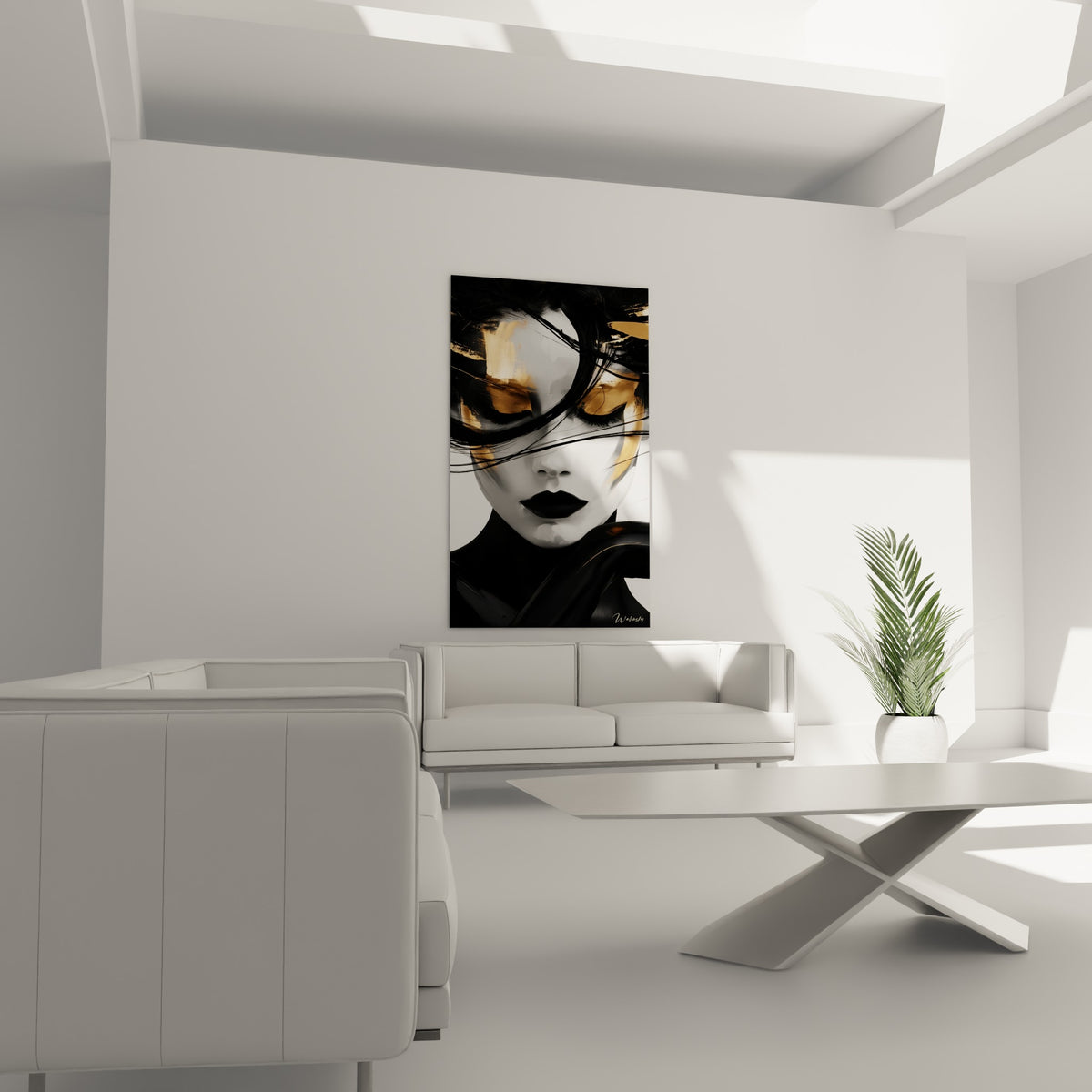Femme au regard voilé, touches dorées et noires intenses, au-dessus d'un canapé dans un salon lumineux
