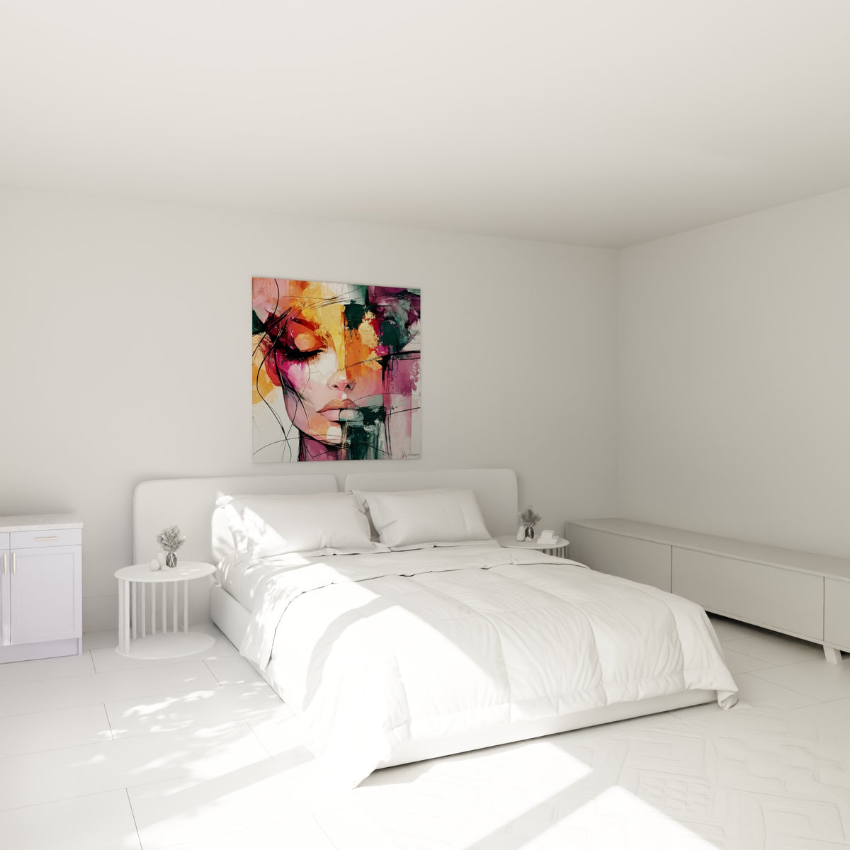 Portrait abstrait doré et rose accroché au-dessus d'un lit dans une chambre claire
