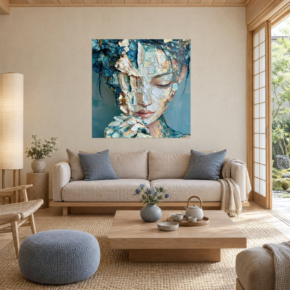 Gemälde Frauengesicht mit geschlossenen Augenlidern, Pinselstriche in Entenblau und Elfenbein, über einem Sofa in einem hellen Wohnzimmer