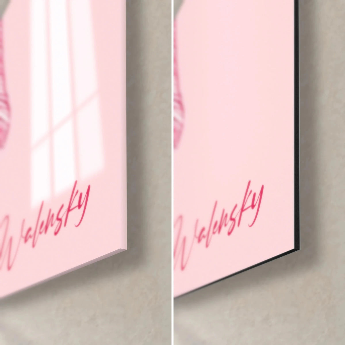 Gemälde rosa Porträt mit gezeichneten Federn, rosa Schreibschrift-Signatur unten rechts: glänzendes Glas und mattes schwarzes Dibond