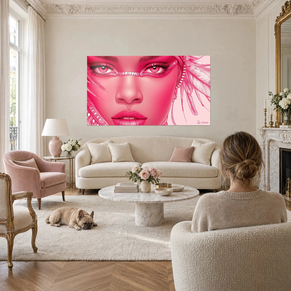 Gemälde weibliches Porträt in Fuchsia mit perlenbesetzten Augenlidern und rosa Federn, über einem Sofa in einem hellen Wohnzimmer
