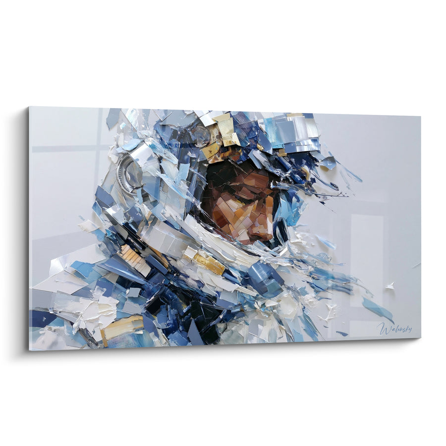 Tableau Visage éclaté bleu et blanc aux éclats métalliques - Empâtements en relief épais - Edition Visage