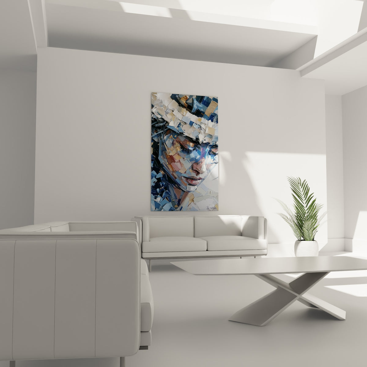 Regard baissé aux éclats dorés et bleu marine au-dessus d'un canapé dans un salon lumineux