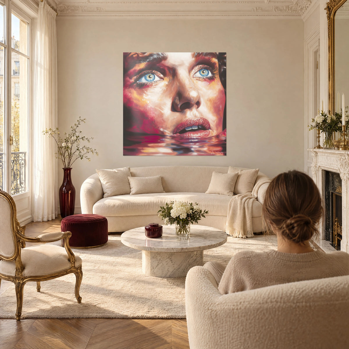 Schilderij vrouwengezicht met blauwe ogen die net boven het water uitkomen, felle rood- en goudtinten, boven een bank in een lichte woonkamer
