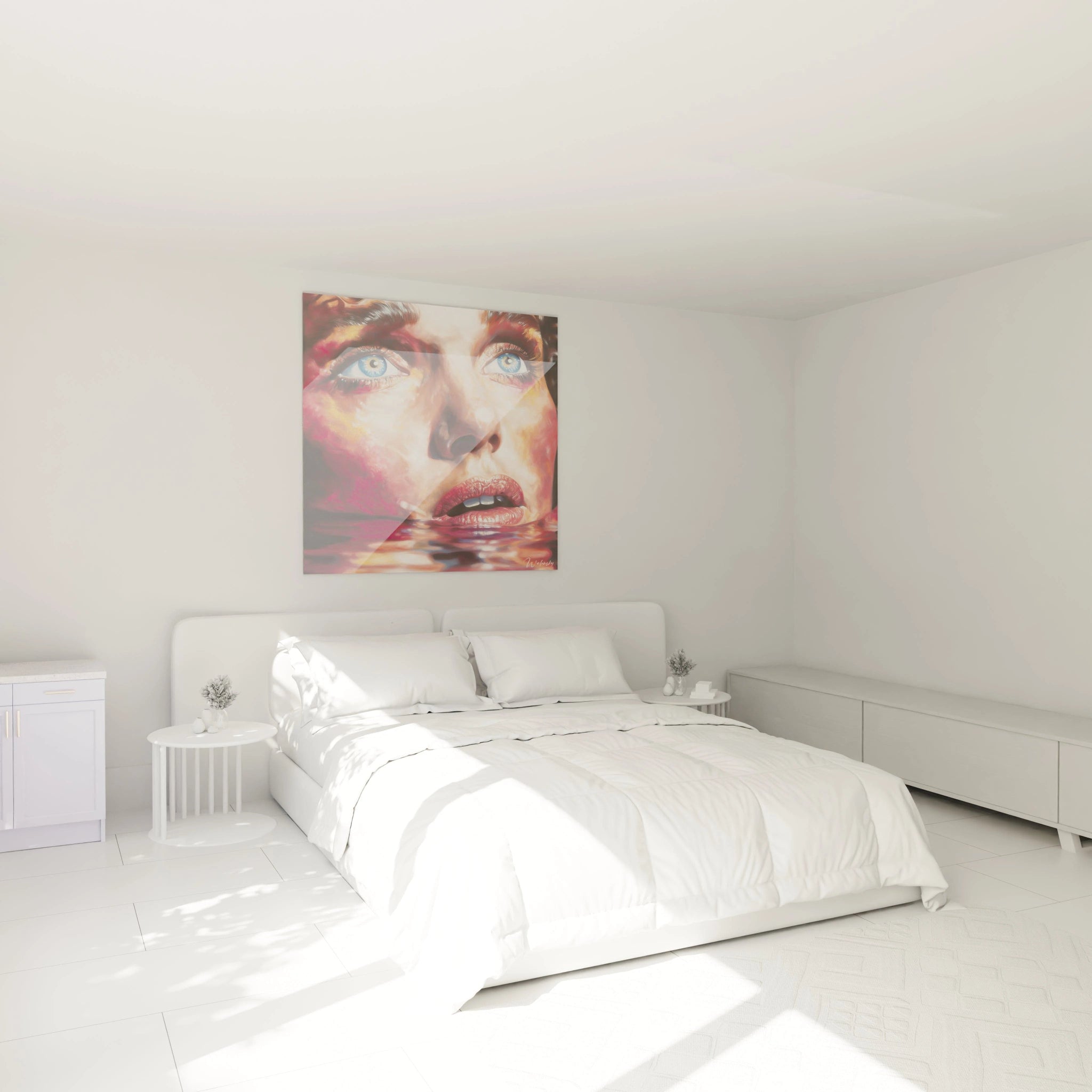 tableau hyperréalisme visage Walensky grand portrait coloré accroché au dessus du lit blanc minimaliste