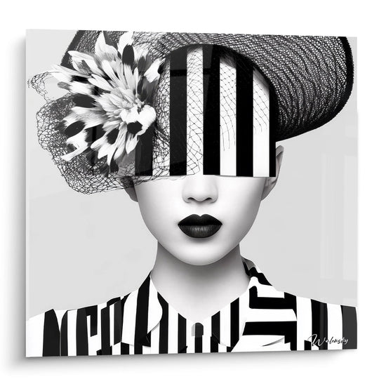 Tableau mural visage énigmatique noir et blanc de Walensky avec motifs rayés et un chapeau élégant.