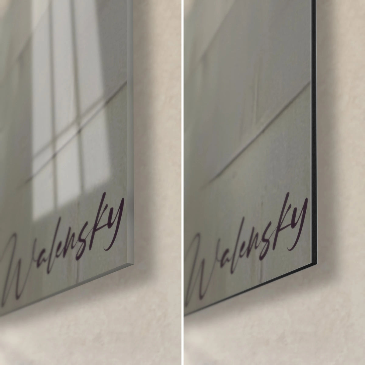 Gemälde eines geometrischen Gesichts in Türkis und Orange, Detail untere rechte Ecke: glänzendes Acrylglas mit Reflexen links, mattes Dibond-Aluminium rechts