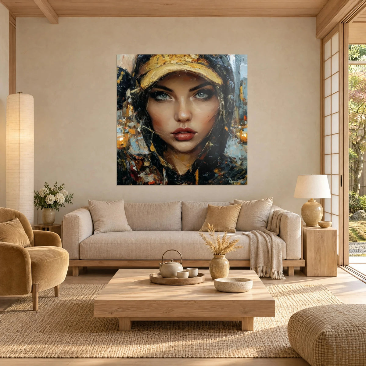 Tableau portrait féminin aux yeux bleu-gris sous casquette jaune moutarde, touches de peinture orange, au-dessus d'un canapé dans un salon lumineux