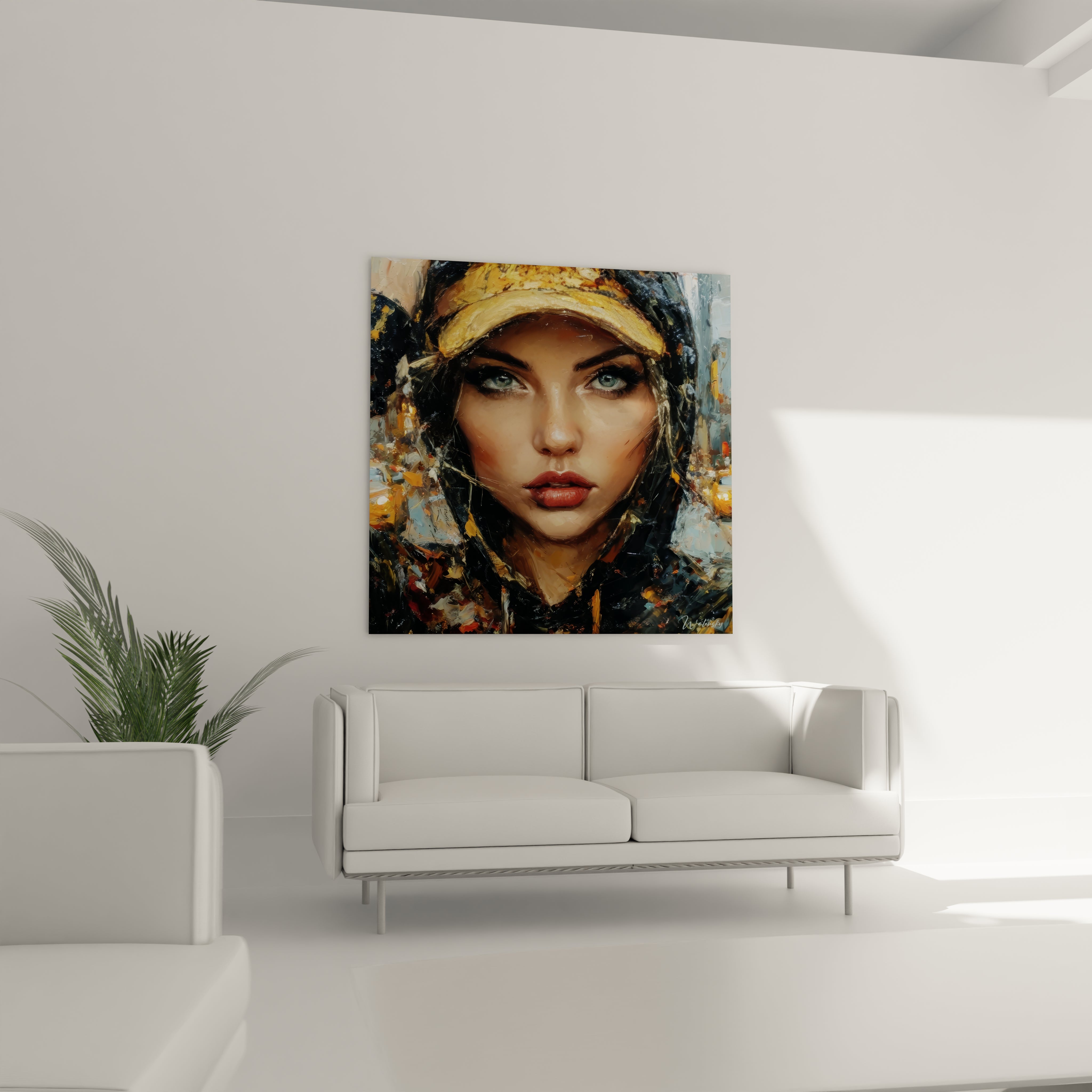Tableau visage expressif de femme portant une casquette, parfait pour la décoration intérieure moderne