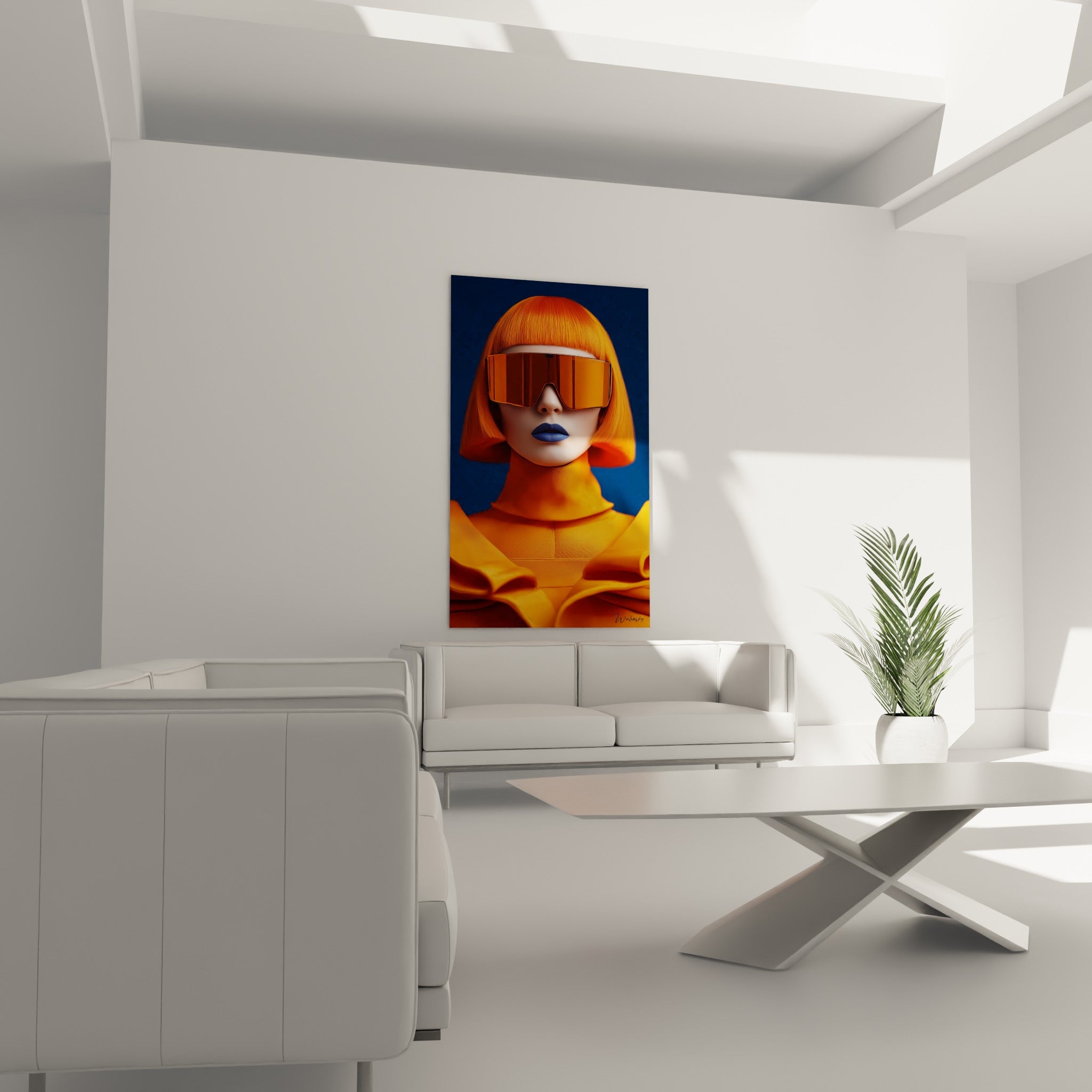 Visage orange et bleu marine aux lunettes réfléchissantes au-dessus d'un canapé dans un salon lumineux