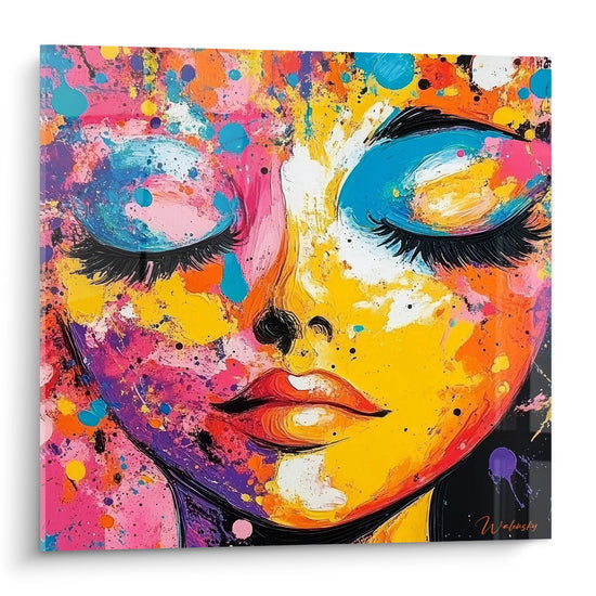Quadro murale volto femminile astratto con colori vivaci e schizzi multicolori