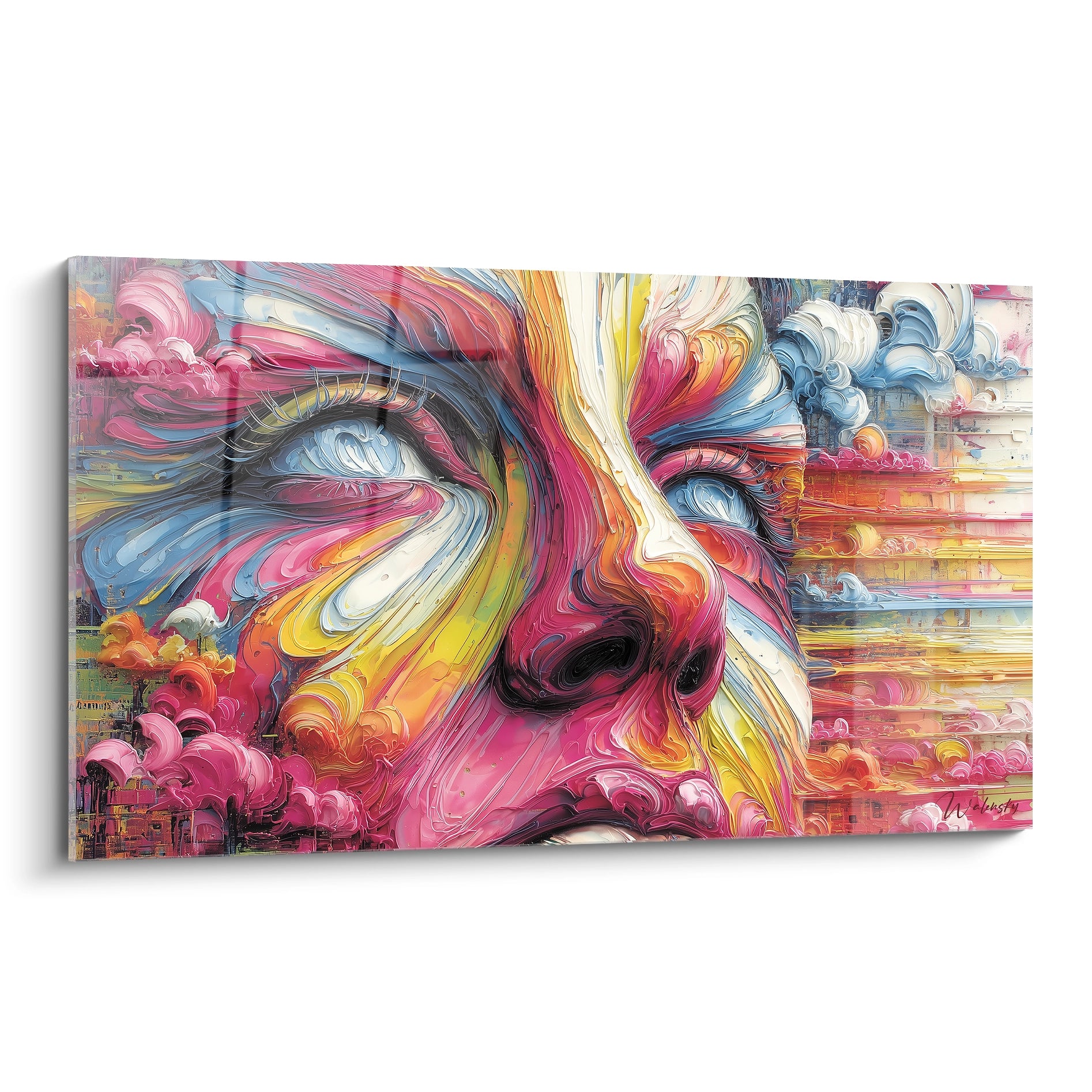 Tableau mural visage féminin abstrait aux couleurs vives roses bleus oranges style art moderne
