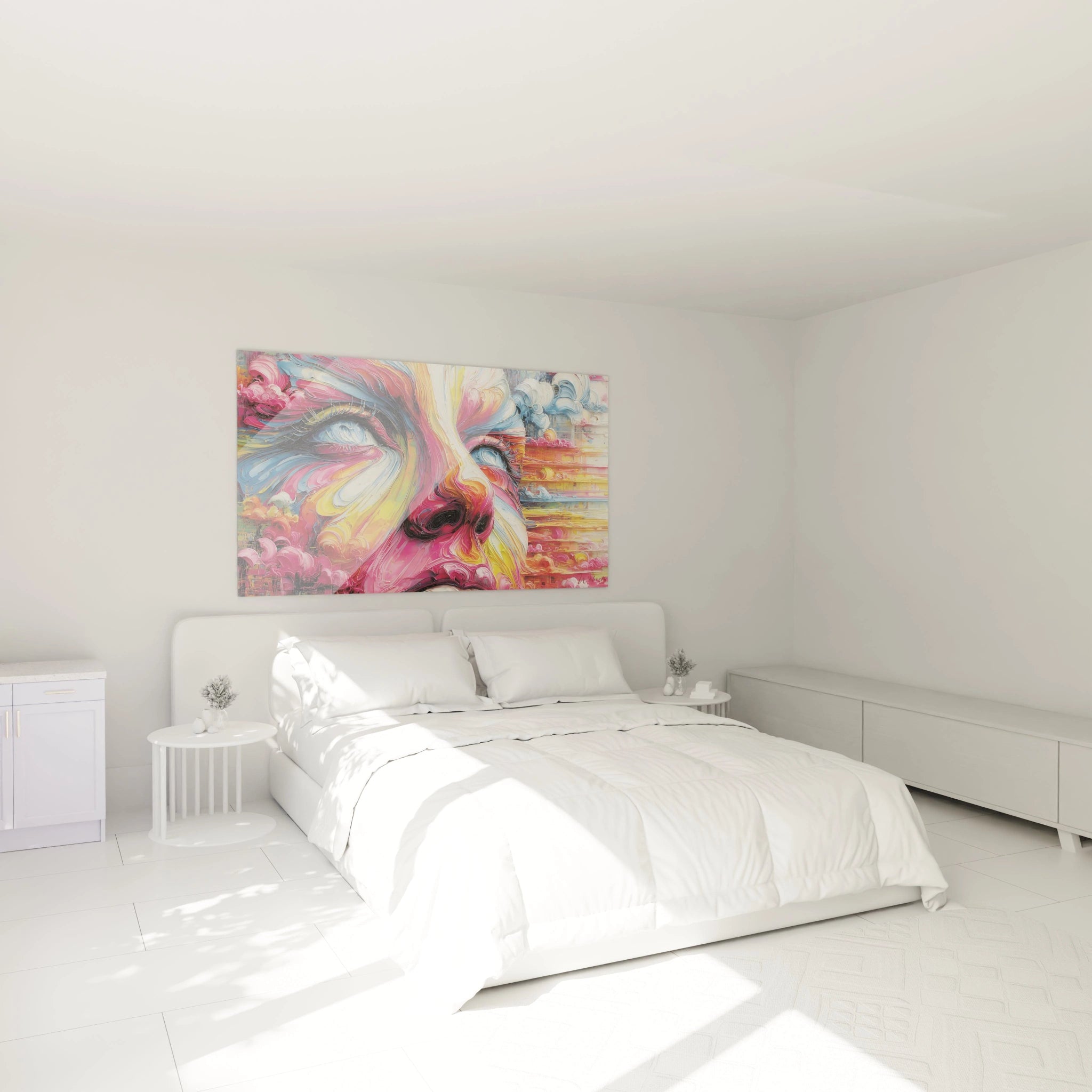 Tableau décoratif visage abstrait coloré installé dans chambre moderne ambiance contemporaine