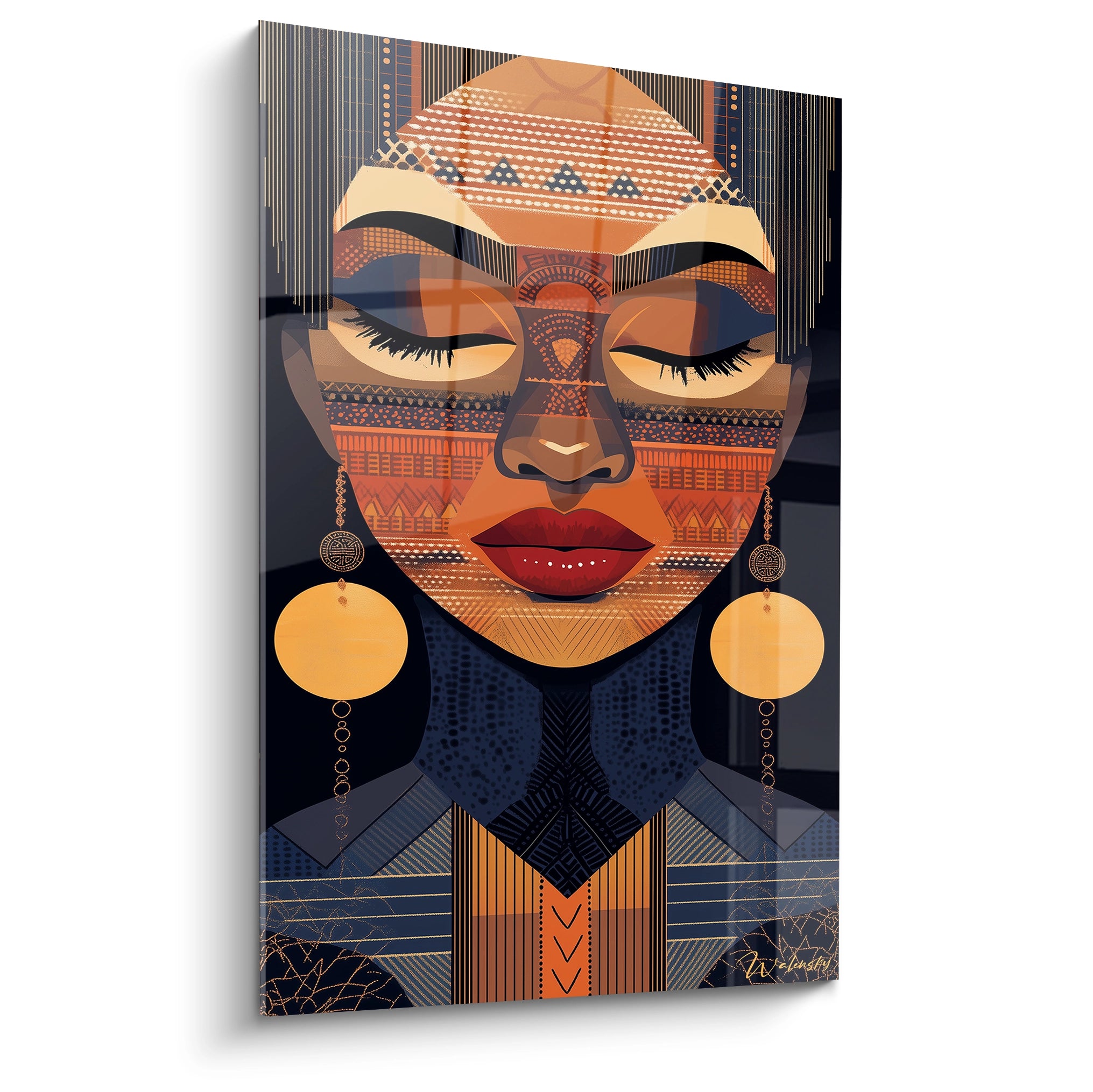 Tableau africain mural Walensky portrait femme aux motifs ethniques et boucles d'oreilles dorées