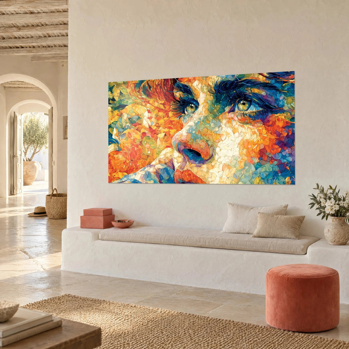 Wall art pointillism portrait, green gaze and red hair made of petals, on a cream wall, white bench and coral pouf
